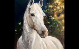 Jessica Henry Gray painting demo of a white horse